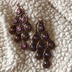 Fun tear drop earrings. Bronze and pink stones.